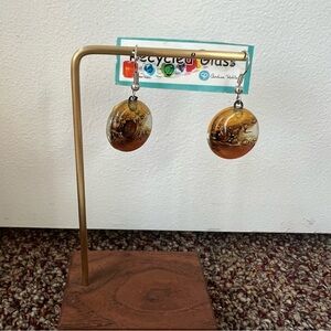 Recycled glass orange circle candy corn dangle drop earrings color block layers